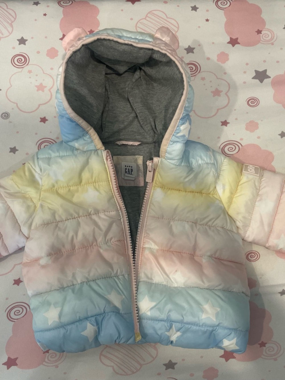 Baby GAP Pastel Star Hooded Puffer Jacket - Blue Pink Yellow